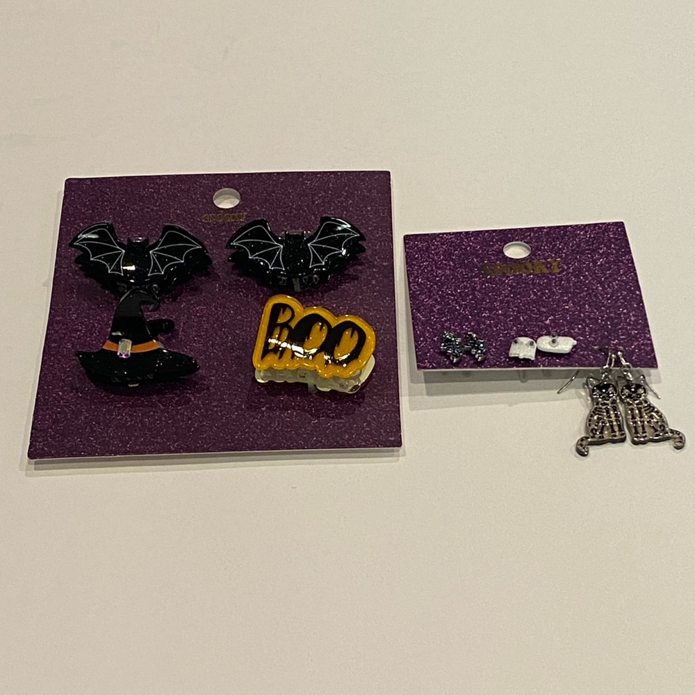 Bundle of Spooky brand Halloween 3-pair Earrings + 4-pack Small Hair Clips NWT